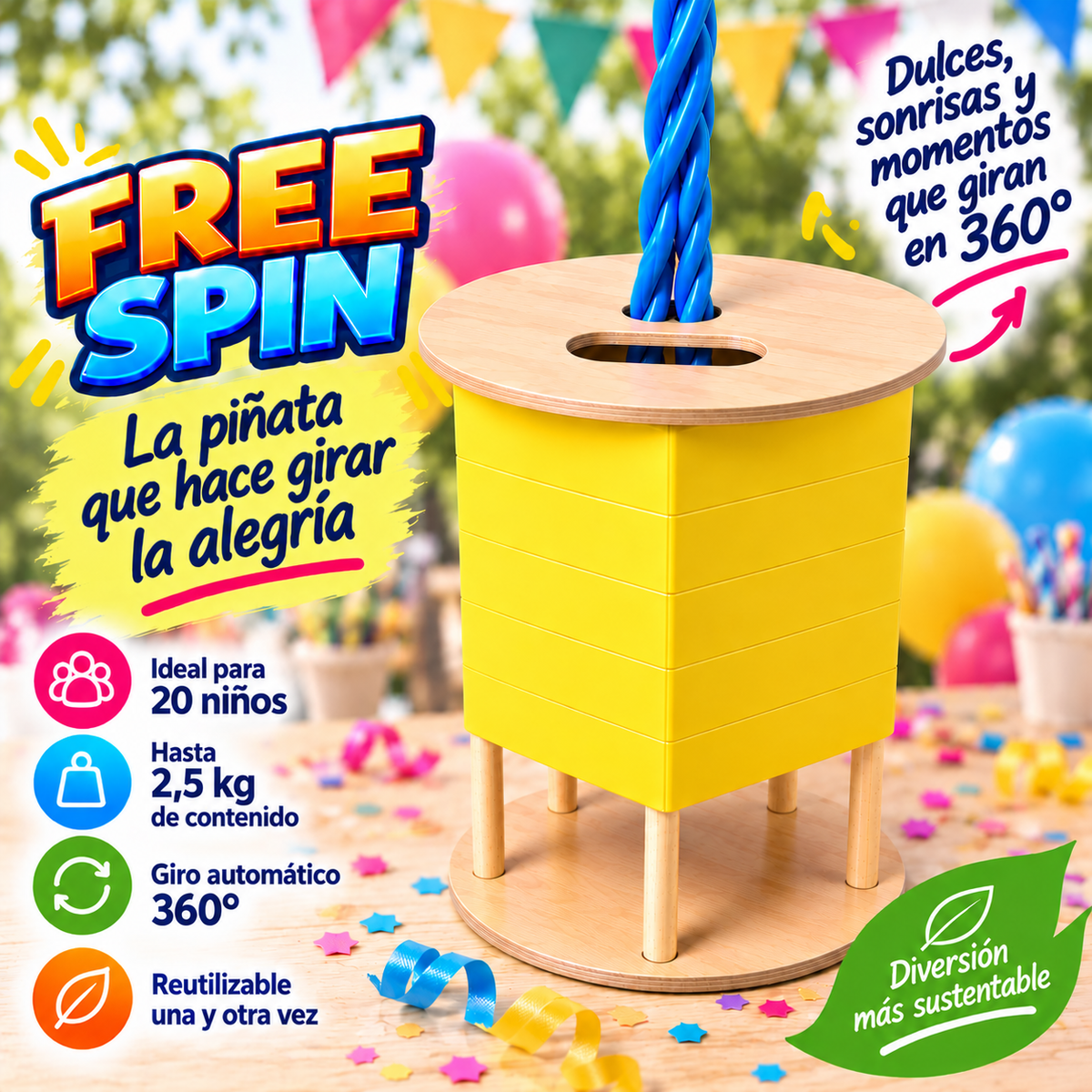 FREE SPIN (ideal para festejos de 20 niños) - Sin decoración - Reutilizable - Diferentes colores