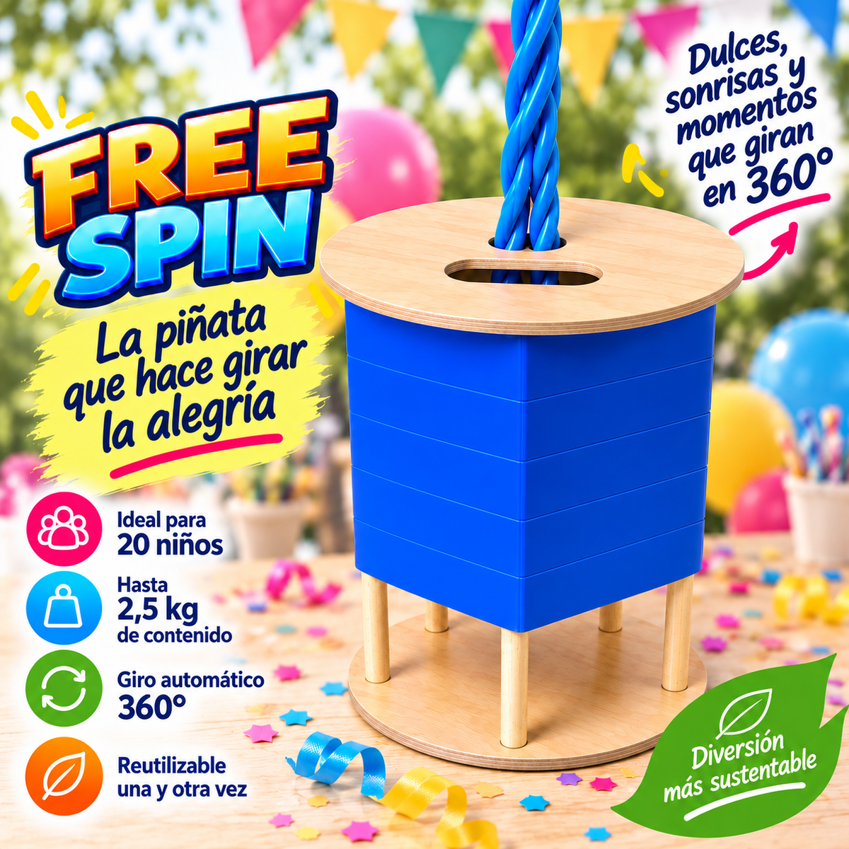 FREE SPIN (ideal para festejos de 20 niños) - Sin decoración - Reutilizable - Diferentes colores