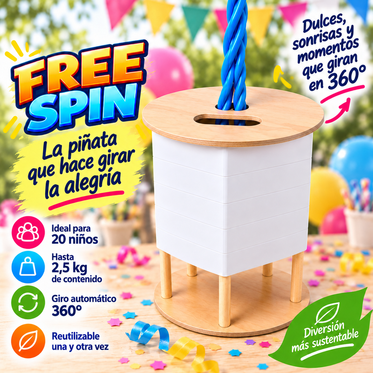 FREE SPIN (ideal para festejos de 20 niños) - Sin decoración - Reutilizable - Diferentes colores