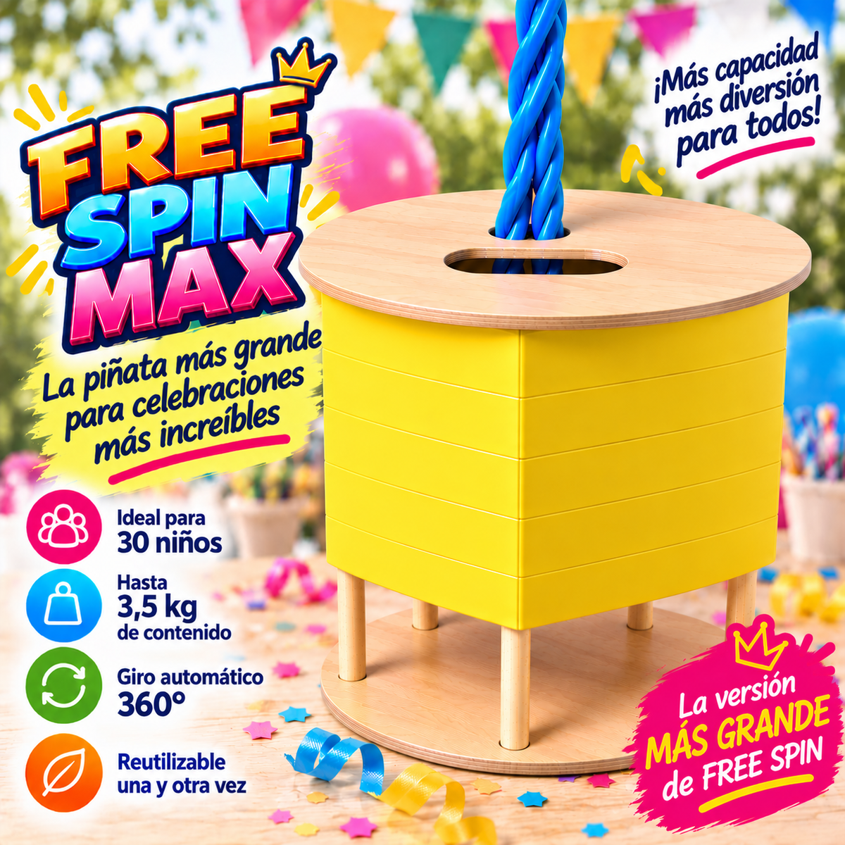 FREE SPIN MAX (ideal para 30 niños) - Sin decoración - Reutilizable - Diferentes colores