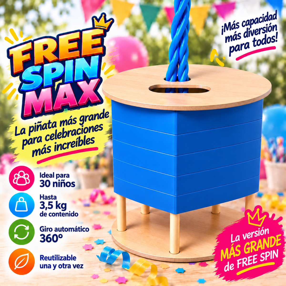 FREE SPIN MAX (ideal para 30 niños) - Sin decoración - Reutilizable - Diferentes colores