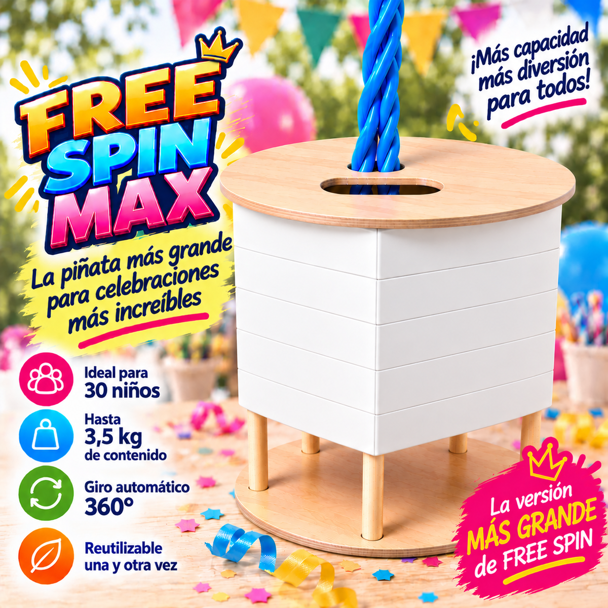 FREE SPIN MAX (ideal para 30 niños) - Sin decoración - Reutilizable - Diferentes colores