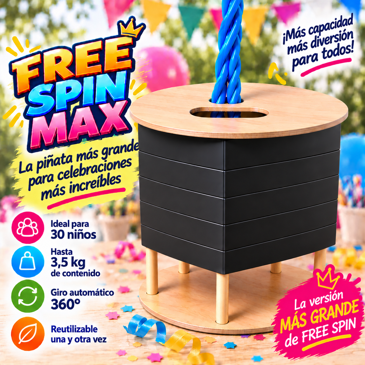 FREE SPIN MAX (ideal para 30 niños) - Sin decoración - Reutilizable - Diferentes colores