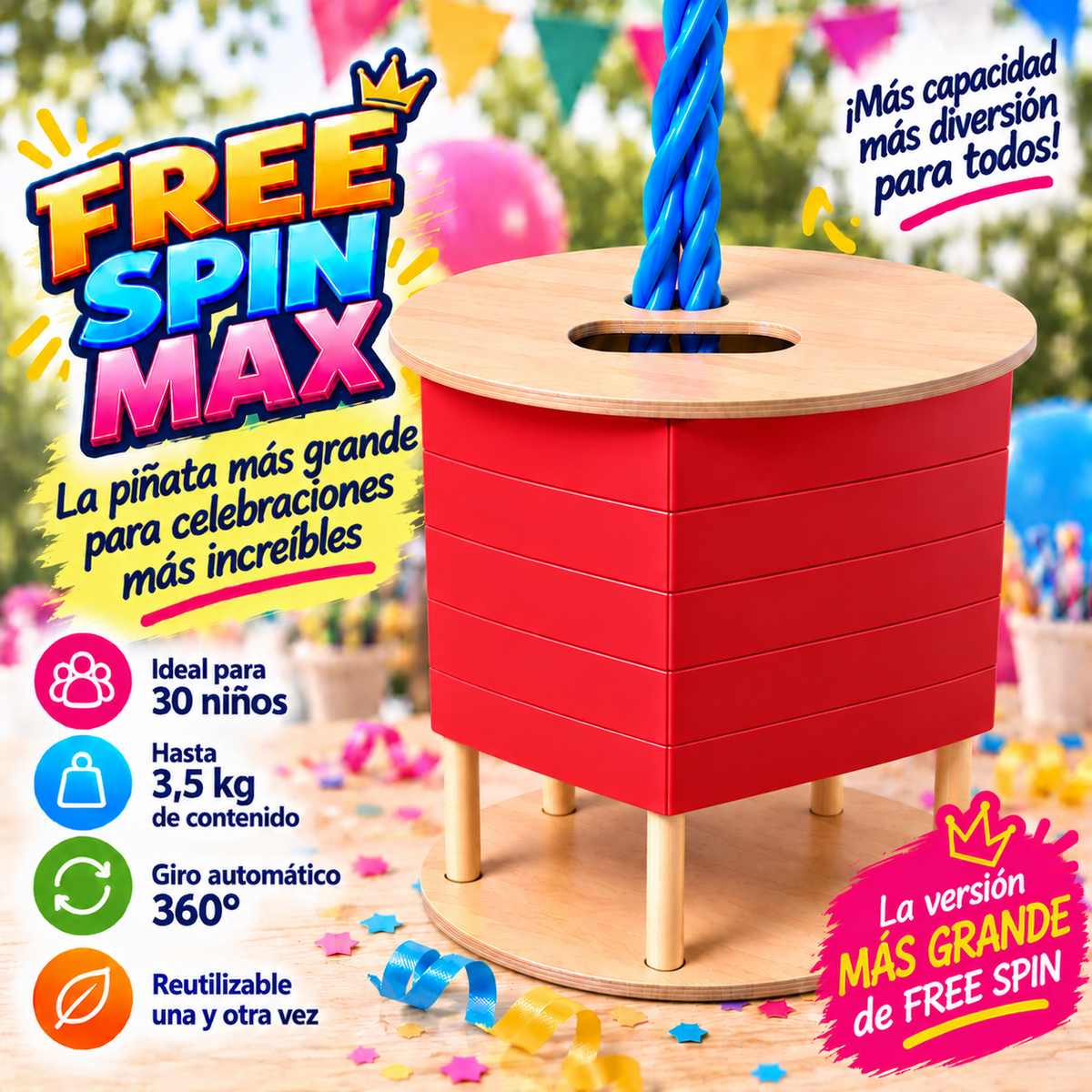 FREE SPIN MAX (ideal para 30 niños) - Sin decoración - Reutilizable - Diferentes colores