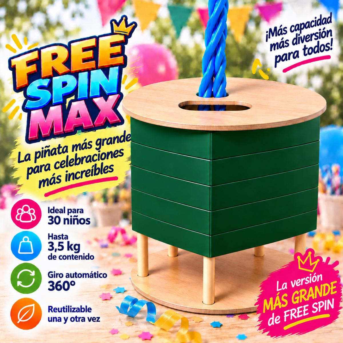FREE SPIN MAX (ideal para 30 niños) - Sin decoración - Reutilizable - Diferentes colores