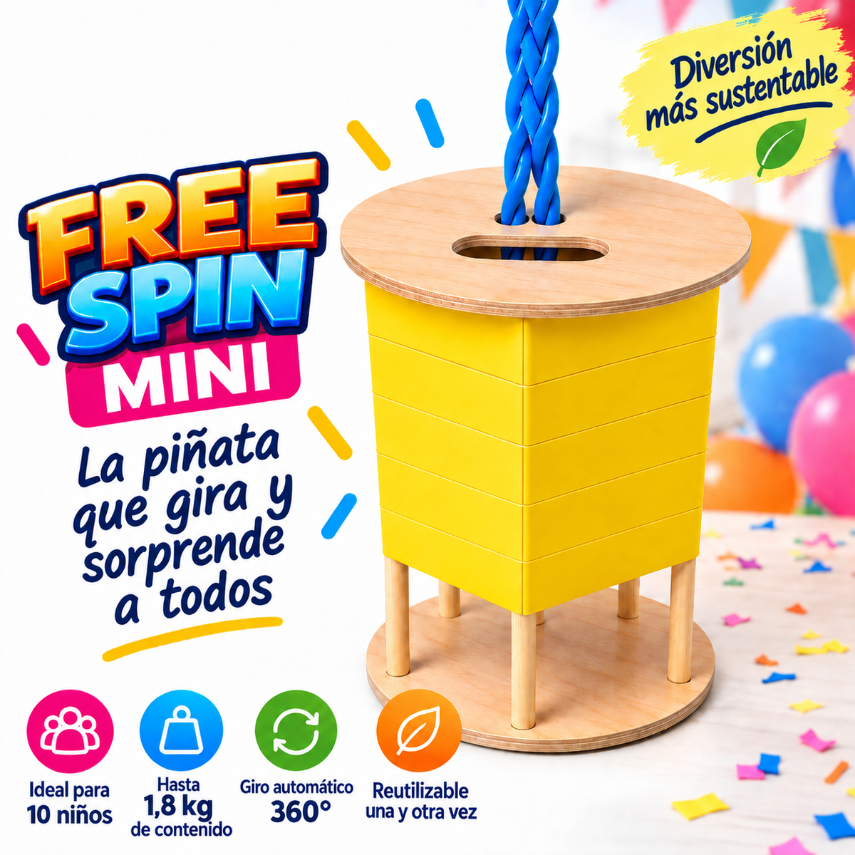 FREE SPIN Mini (ideal para festejos de 10 niños) - Sin decoración - Reutilizable - Diferentes colores