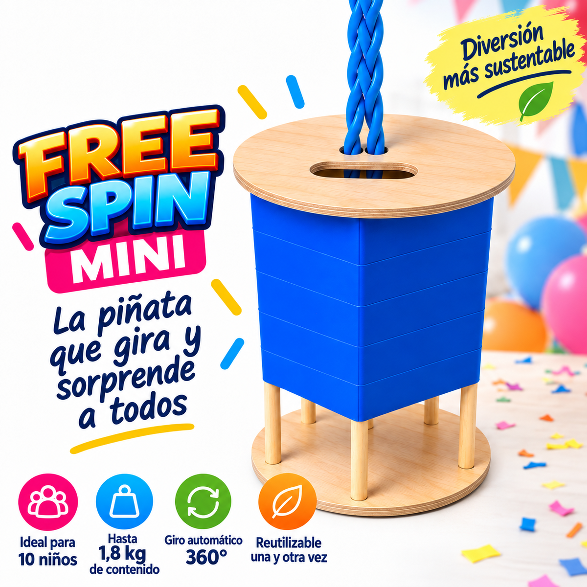FREE SPIN Mini (ideal para festejos de 10 niños) - Sin decoración - Reutilizable - Diferentes colores