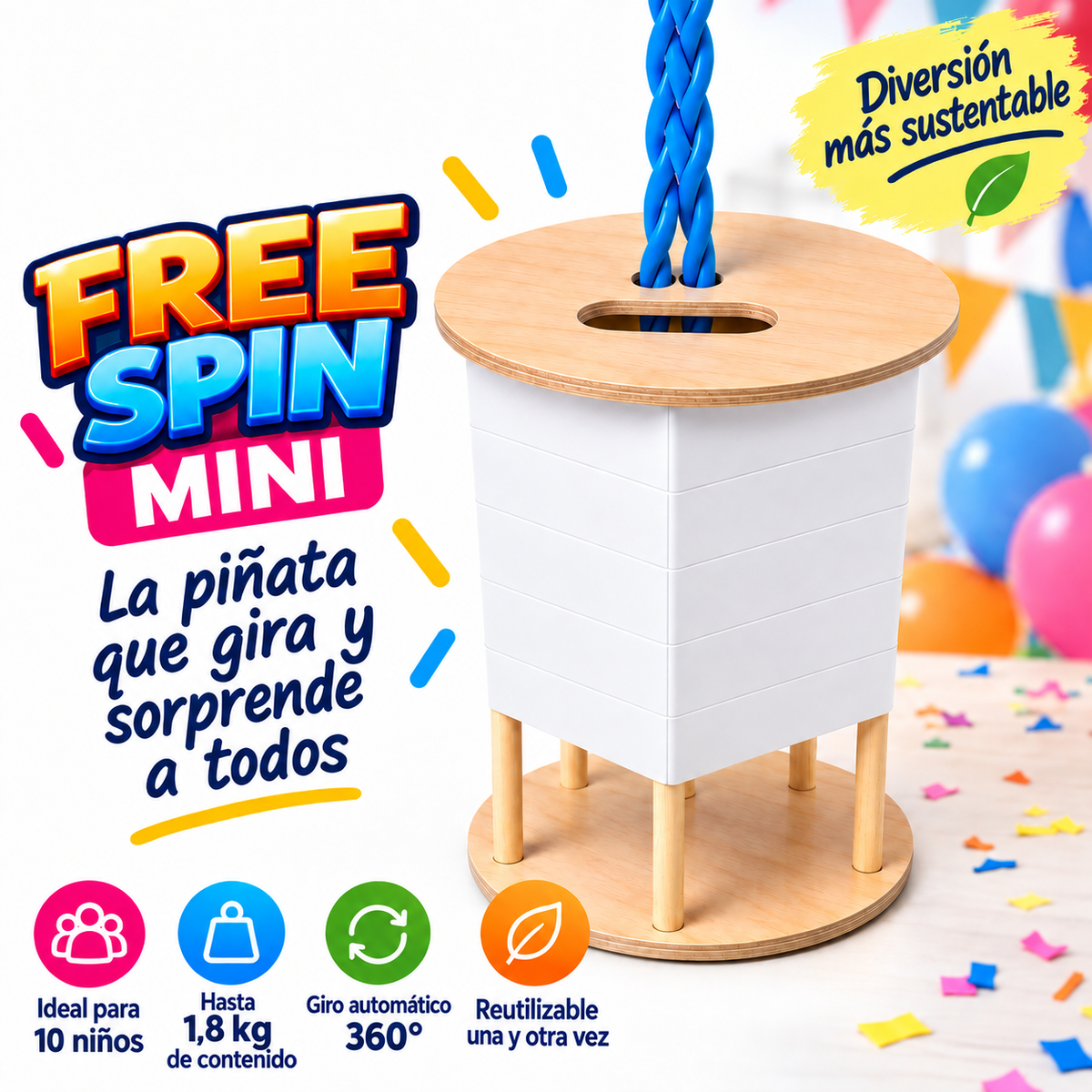 FREE SPIN Mini (ideal para festejos de 10 niños) - Sin decoración - Reutilizable - Diferentes colores