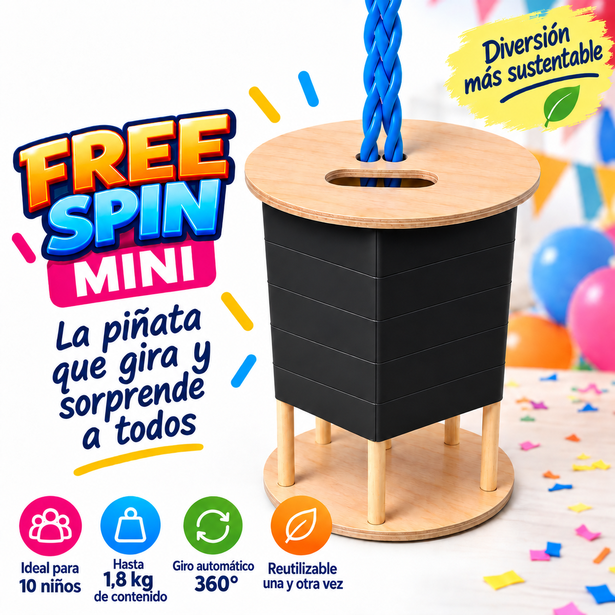 FREE SPIN Mini (ideal para festejos de 10 niños) - Sin decoración - Reutilizable - Diferentes colores