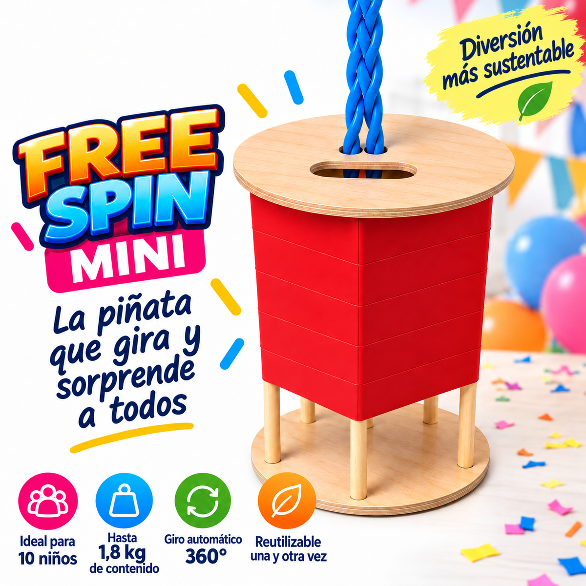 FREE SPIN Mini (ideal para festejos de 10 niños) - Sin decoración - Reutilizable - Diferentes colores