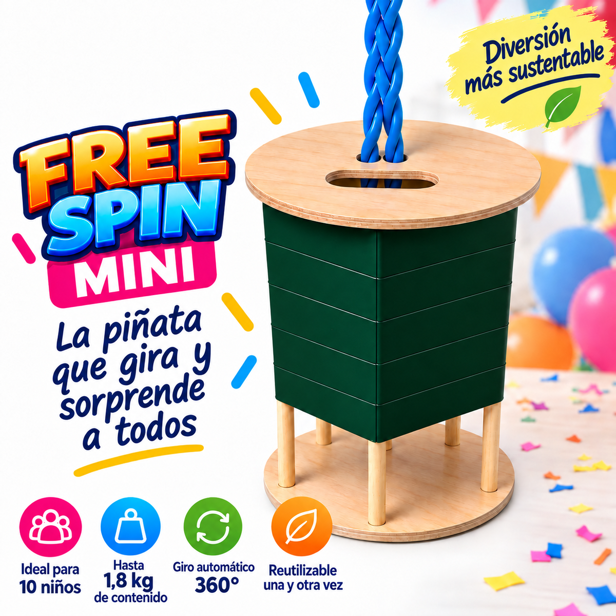 FREE SPIN Mini (ideal para festejos de 10 niños) - Sin decoración - Reutilizable - Diferentes colores
