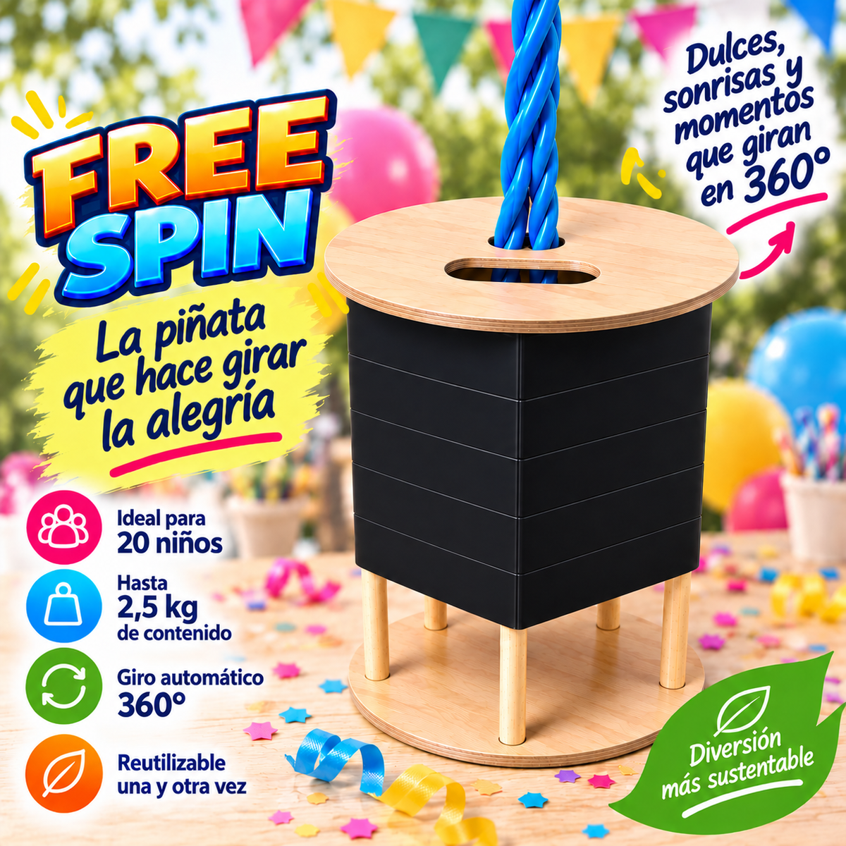 FREE SPIN (ideal para festejos de 20 niños) - Sin decoración - Reutilizable - Diferentes colores
