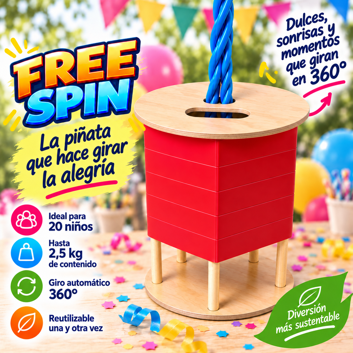 FREE SPIN (ideal para festejos de 20 niños) - Sin decoración - Reutilizable - Diferentes colores