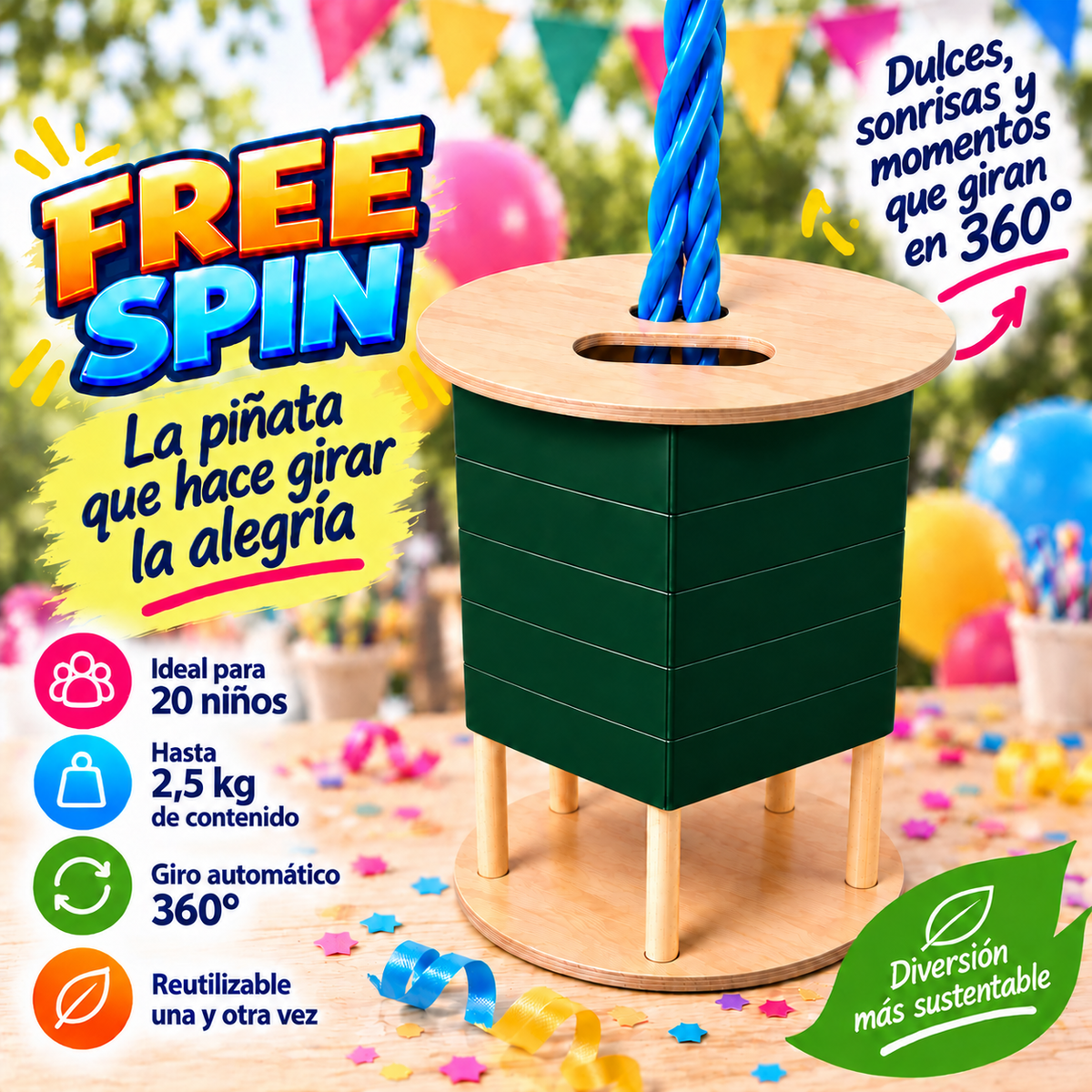 FREE SPIN (ideal para festejos de 20 niños) - Sin decoración - Reutilizable - Diferentes colores